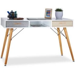 Relaxdays Bureau, Design Scandinave, 3 Compartiments, 2 Tiroirs, Table D’ordinateur HxLxP Env. 74x125x60 Cm Bois Blanc