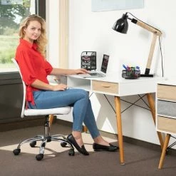 Relaxdays Bureau, Design Scandinave, 3 Compartiments, 2 Tiroirs, Table D’ordinateur HxLxP Env. 74x125x60 Cm Bois Blanc -France Bureau Soldes 2022 10367743 4