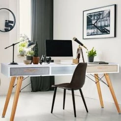 Relaxdays Bureau, Design Scandinave, 3 Compartiments, 2 Tiroirs, Table D’ordinateur HxLxP Env. 74x125x60 Cm Bois Blanc -France Bureau Soldes 2022 10367743 5