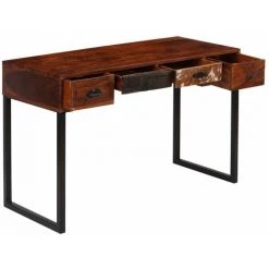 VidaXL Bureau 117x50x76 Cm Bois De Sesham Massif Et Cuir Véritable - Brun -France Bureau Soldes 2022 10561716 5