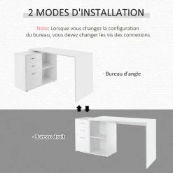 HOMCOM Bureau D'angle Bureau Droit Modulable 2 En 1 Bureau Informatique Tiroirs X 3 + 2 Niches MDF Blanc -France Bureau Soldes 2022 10646797 5