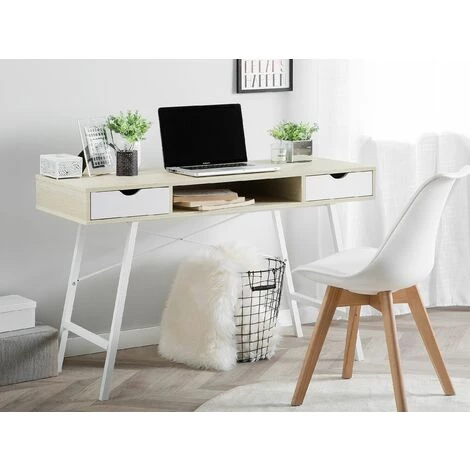 BELIANI Bureau Bois Clair Et Blanc Avec Tiroir 120 X 48 Cm - Bois Clair 4 BELIANI Bureau Bois Clair Et Blanc Avec Tiroir 120 X 48 Cm - Bois Clair – Image 2