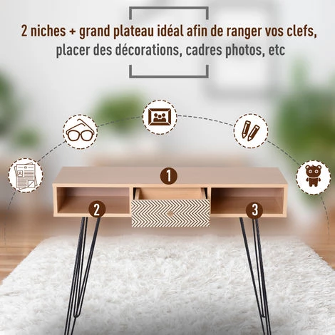 HOMCOM Table D'appoint Console Design Scandinave Graphique Dim. 100L X 35l X 75H Cm 2 Niches Tiroir Pieds Effilés Acier Noir Panneaux Particules Chêne 6 HOMCOM Table D'appoint Console Design Scandinave Graphique Dim. 100L X 35l X 75H Cm 2 Niches Tiroir Pieds Effilés Acier Noir Panneaux Particules Chêne – Image 4