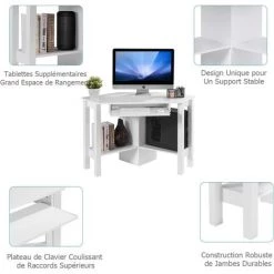 COSTWAY Bureau Informatique, Table Bureau D’Angle, Avec 3 Tablettes De Rangement 120 X 60 X 77CM (Blanc) -France Bureau Soldes 2022 13119398 3