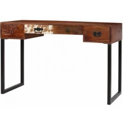 HELLOSHOP26 Bureau Table Meuble Travail Informatique Bois De Sesham Massif Et Cuir Véritable 117 Cm - Bois