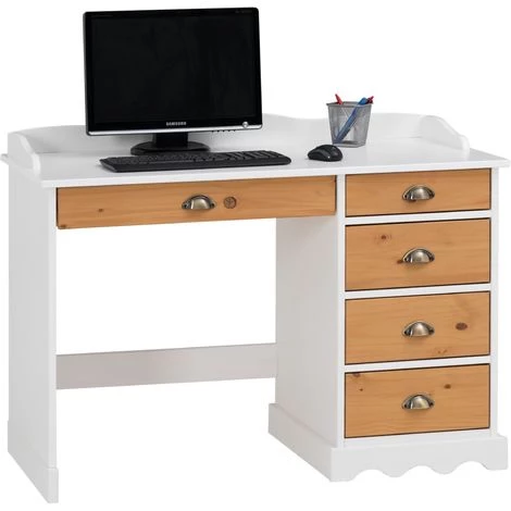 IDIMEX Bureau COLETTE Rangement Avec 5 Tiroirs Et Plateau Avec Corniche, En Pin Massif Lasuré Blanc Et Brun - Blanc/Brun 3 IDIMEX Bureau COLETTE Rangement Avec 5 Tiroirs Et Plateau Avec Corniche, En Pin Massif Lasuré Blanc Et Brun - Blanc/Brun