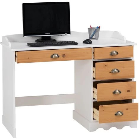 IDIMEX Bureau COLETTE Rangement Avec 5 Tiroirs Et Plateau Avec Corniche, En Pin Massif Lasuré Blanc Et Brun - Blanc/Brun 4 IDIMEX Bureau COLETTE Rangement Avec 5 Tiroirs Et Plateau Avec Corniche, En Pin Massif Lasuré Blanc Et Brun - Blanc/Brun – Image 2