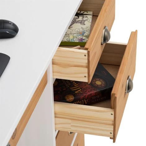 IDIMEX Bureau COLETTE Rangement Avec 5 Tiroirs Et Plateau Avec Corniche, En Pin Massif Lasuré Blanc Et Brun - Blanc/Brun 6 IDIMEX Bureau COLETTE Rangement Avec 5 Tiroirs Et Plateau Avec Corniche, En Pin Massif Lasuré Blanc Et Brun - Blanc/Brun – Image 4