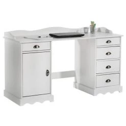 IDIMEX Bureau SANDRINE Multi Rangements 5 Tiroirs Et 1 Placard Avec Corniche En Pin Massif Lasuré Blanc - Blanc
