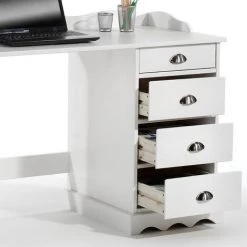 IDIMEX Bureau SANDRINE Multi Rangements 5 Tiroirs Et 1 Placard Avec Corniche En Pin Massif Lasuré Blanc - Blanc -France Bureau Soldes 2022 15070537 3