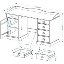 IDIMEX Bureau SANDRINE Multi Rangements 5 Tiroirs Et 1 Placard Avec Corniche En Pin Massif Lasuré Blanc - Blanc -France Bureau Soldes 2022 15070537 4