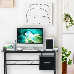 Relaxdays Bureau Moderne Avec Plaque De Verre, Tiroir Latéral, Pour Chambre D’ado,HlP 75 X 110 55 Cm, Noir -France Bureau Soldes 2022 15111787 5