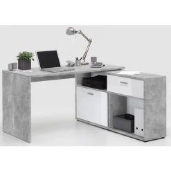 Bureau D'angle En Panneau De Particules, Gris Béton LA/blanc Brillant - Dim : L138 X H75 X P138 Cm -PEGANE- -France Bureau Soldes 2022 15504294 3