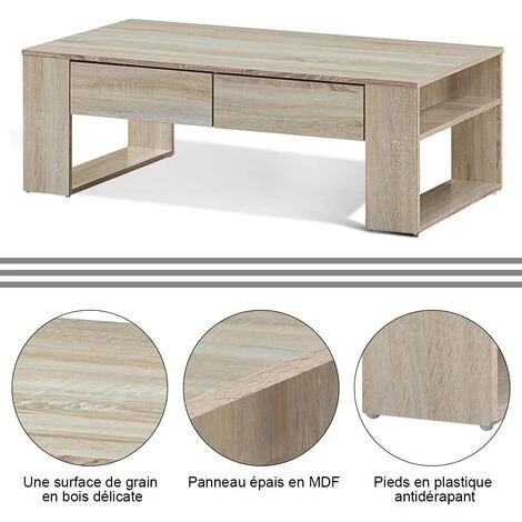 COSTWAY Table Basse Avec 2 Grands Tiroirs Et 2 Tablettes Latérales Design Moderne De Style Industriel En Couleur Chêne Convient Au Salon Ou Au Bureau 5 COSTWAY Table Basse Avec 2 Grands Tiroirs Et 2 Tablettes Latérales Design Moderne De Style Industriel En Couleur Chêne Convient Au Salon Ou Au Bureau – Image 3