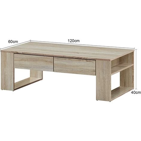 COSTWAY Table Basse Avec 2 Grands Tiroirs Et 2 Tablettes Latérales Design Moderne De Style Industriel En Couleur Chêne Convient Au Salon Ou Au Bureau 7 COSTWAY Table Basse Avec 2 Grands Tiroirs Et 2 Tablettes Latérales Design Moderne De Style Industriel En Couleur Chêne Convient Au Salon Ou Au Bureau – Image 5