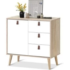 COSTWAY Commode à 3 Tiroirs Avec PorteHauteur Réglable Meuble Scandinave En Bois Massifpour Salon Bureau Chambre Entrée 80 X 39,5 X 80,4CM