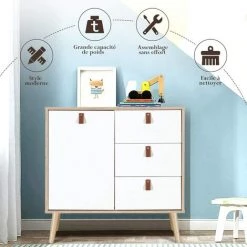 COSTWAY Commode à 3 Tiroirs Avec PorteHauteur Réglable Meuble Scandinave En Bois Massifpour Salon Bureau Chambre Entrée 80 X 39,5 X 80,4CM -France Bureau Soldes 2022 16186648 3