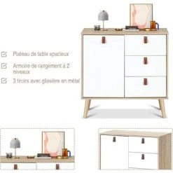 COSTWAY Commode à 3 Tiroirs Avec PorteHauteur Réglable Meuble Scandinave En Bois Massifpour Salon Bureau Chambre Entrée 80 X 39,5 X 80,4CM -France Bureau Soldes 2022 16186648 4