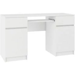 HUCOCO MONA - Bureau Informatique Moderne 135x77x50 Cm - 2 Tiroirs + Support Clavier - Gaming - Table Ordinateur Multi-rangements - Blanc