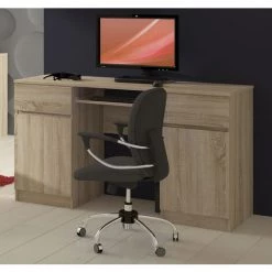 HUCOCO MONA - Bureau Informatique Moderne 135x77x50 Cm - 2 Tiroirs + Support Clavier - Gaming - Table Ordinateur Multi-rangements - Beige -France Bureau Soldes 2022 16209425 3