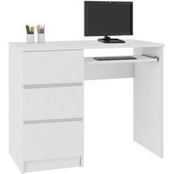 HUCOCO MIR - Bureau Informatique Multimédia Moderne 90x77x50 - 3 Tiroirs + Support Clavier - Table Ordinateur Multi-rangements - Blanc