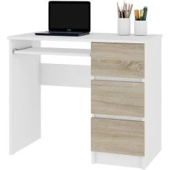 HUCOCO MIR - Bureau Informatique Multimédia Moderne 90x77x50 - 3 Tiroirs + Support Clavier - Table Ordinateur Multi-rangements - Blanc