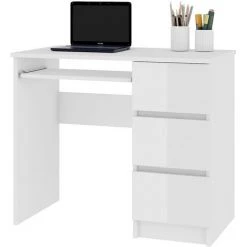 HUCOCO MIR - Bureau Informatique Multimédia Moderne 90x77x50 - 3 Tiroirs + Support Clavier - Table Ordinateur Multi-rangements - Blanc