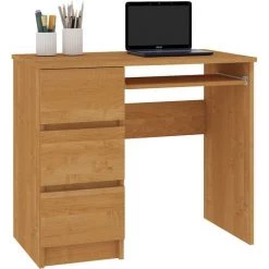 HUCOCO MIR - Bureau Informatique Multimédia Moderne 90x77x50 - 3 Tiroirs + Support Clavier - Table Ordinateur Multi-rangements - Marron