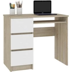 HUCOCO MIR - Bureau Informatique Multimédia Moderne 90x77x50 - 3 Tiroirs + Support Clavier - Table Ordinateur Multi-rangements - Beige