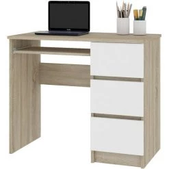 HUCOCO MIR - Bureau Informatique Multimédia Moderne 90x77x50 - 3 Tiroirs + Support Clavier - Table Ordinateur Multi-rangements - Beige
