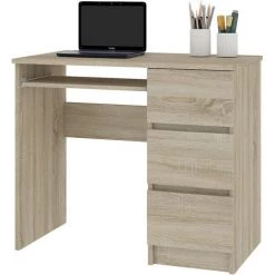 HUCOCO MIR - Bureau Informatique Multimédia Moderne 90x77x50 - 3 Tiroirs + Support Clavier - Table Ordinateur Multi-rangements - Beige