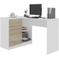 HUCOCO SUNDAR - Bureau Informatique D'angle Moderne 124x85x77 - 3 Tiroirs + 2 Grandes Niches - Table Ordinateur Multi-rangements - Blanc