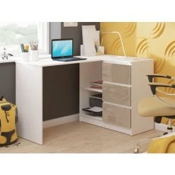 HUCOCO SUNDAR - Bureau Informatique D'angle Moderne 124x85x77 - 3 Tiroirs + 2 Grandes Niches - Table Ordinateur Multi-rangements - Beige -France Bureau Soldes 2022 16209457 2