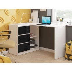 HUCOCO SUNDAR - Bureau Informatique D'angle Moderne 124x85x77 - 3 Tiroirs + 2 Grandes Niches - Table Ordinateur Multi-rangements - Noir -France Bureau Soldes 2022 16209458 2