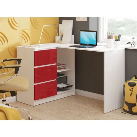 HUCOCO SUNDAR - Bureau Informatique D'angle Moderne 124x85x77 - 3 Tiroirs + 2 Grandes Niches - Table Ordinateur Multi-rangements - Rouge 4 HUCOCO SUNDAR - Bureau Informatique D'angle Moderne 124x85x77 - 3 Tiroirs + 2 Grandes Niches - Table Ordinateur Multi-rangements - Rouge – Image 2