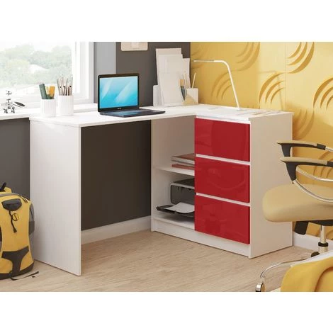 HUCOCO SUNDAR - Bureau Informatique D'angle Moderne 124x85x77 - 3 Tiroirs + 2 Grandes Niches - Table Ordinateur Multi-rangements - Rouge 4 HUCOCO SUNDAR - Bureau Informatique D'angle Moderne 124x85x77 - 3 Tiroirs + 2 Grandes Niches - Table Ordinateur Multi-rangements - Rouge – Image 2