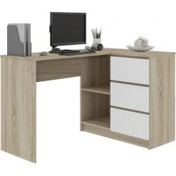 HUCOCO SUNDAR - Bureau Informatique D'angle Moderne 124x85x77 - 3 Tiroirs + 2 Grandes Niches - Table Ordinateur Multi-rangements - Beige