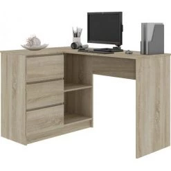 HUCOCO SUNDAR - Bureau Informatique D'angle Moderne 124x85x77 - 3 Tiroirs + 2 Grandes Niches - Table Ordinateur Multi-rangements - Beige