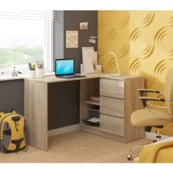 HUCOCO SUNDAR - Bureau Informatique D'angle Moderne 124x85x77 - 3 Tiroirs + 2 Grandes Niches - Table Ordinateur Multi-rangements - Beige -France Bureau Soldes 2022 16209471 2