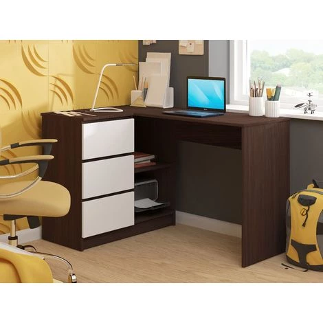 HUCOCO SUNDAR - Bureau Informatique D'angle Moderne 124x85x77 - 3 Tiroirs + 2 Grandes Niches - Table Ordinateur Multi-rangements - Marron 4 HUCOCO SUNDAR - Bureau Informatique D'angle Moderne 124x85x77 - 3 Tiroirs + 2 Grandes Niches - Table Ordinateur Multi-rangements - Marron – Image 2