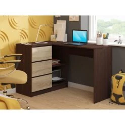 HUCOCO SUNDAR - Bureau Informatique D'angle Moderne 124x85x77 - 3 Tiroirs + 2 Grandes Niches - Table Ordinateur Multi-rangements - Marron -France Bureau Soldes 2022 16209476 2