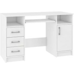HUCOCO KAMA - Bureau Informatique - 124x74x52 Cm - 3 Tiroirs + Support Clavier + Niches - Table D'ordinateur - Mobilier Bureau - Blanc