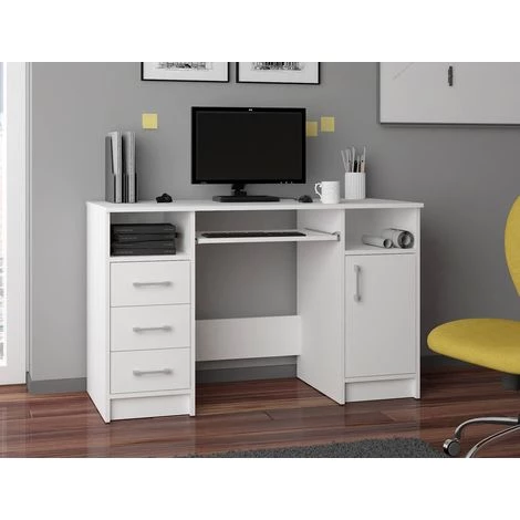 HUCOCO KAMA - Bureau Informatique - 124x74x52 Cm - 3 Tiroirs + Support Clavier + Niches - Table D'ordinateur - Mobilier Bureau - Blanc 4 HUCOCO KAMA - Bureau Informatique - 124x74x52 Cm - 3 Tiroirs + Support Clavier + Niches - Table D'ordinateur - Mobilier Bureau - Blanc – Image 2
