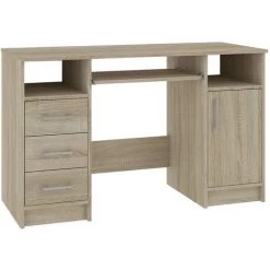HUCOCO KAMA - Bureau Informatique - 124x74x52cm - 3 Tiroirs + Support Clavier + Rangements - Table D'ordinateur - Mobilier Bureau - Beige