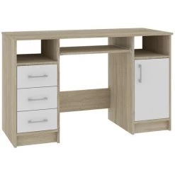HUCOCO KAMA - Bureau Informatique Moderne 124x74x52 Cm - 3 Tiroirs + Support Clavier + Niches - Table Ordinateur/Mobilier Bureau - Beige