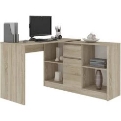 HUCOCO KERESTE - Bureau Informatique D'angle Modulable + Commode 120x126x79/77 Cm - Table Ordinateur Contemporaine Multi-rangements - Beige