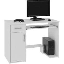HUCOCO KILIG - Bureau PC Informatique Moderne 90x74x50 Cm - Support Unité Centrale + Tiroir + Niche Rangement - Table Ordinateur - Blanc