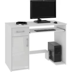 HUCOCO KILIG - Bureau PC Informatique Moderne 90x74x50 Cm - Support Unité Centrale + Tiroir + Niche Rangement - Table Ordinateur - Blanc