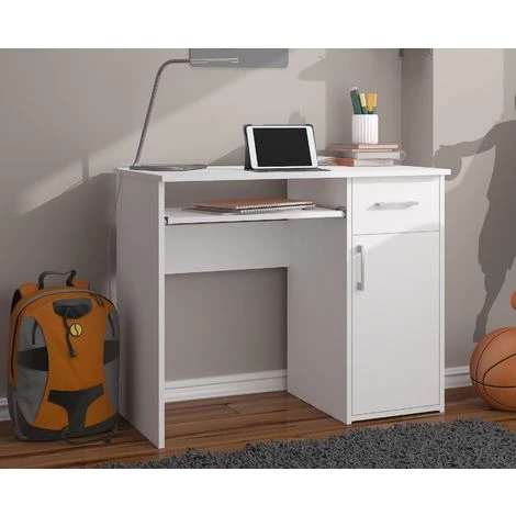 HUCOCO TORPE - Bureau Informatique Contemporain 90x74x50 Cm - Taille Compacte + Support Clavier + Tiroir - Table Ordinateur - Blanc 4 HUCOCO TORPE - Bureau Informatique Contemporain 90x74x50 Cm - Taille Compacte + Support Clavier + Tiroir - Table Ordinateur - Blanc – Image 2