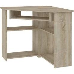 HUCOCO SEVAN - Bureau Informatique D'angle - 80x74x80 Cm - Support Clavier + Niche Imprimante - Mobilier Bureau Télétravail - Aspect Bois - Beige